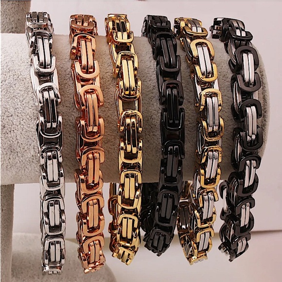 STAINLESS STEEL GOLD BYZANTINE MECHANIC SILVER BLACK BIKER BRACELET - Picture 4 of 8